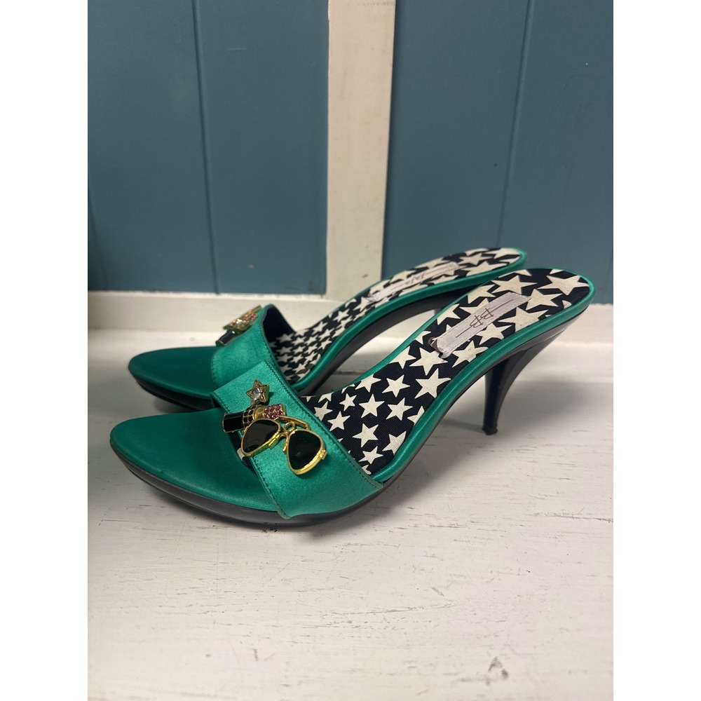 Green Satin Stiletto Heels with Novelty Charm Embellishments‎